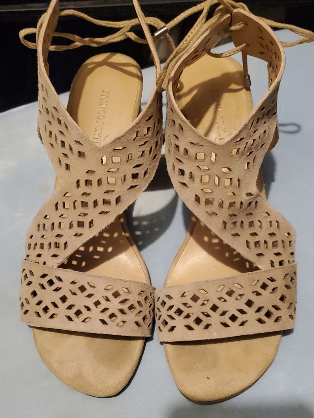 Franco Fortini Taupe Laser-Cut Suede Lace-Up Sandals